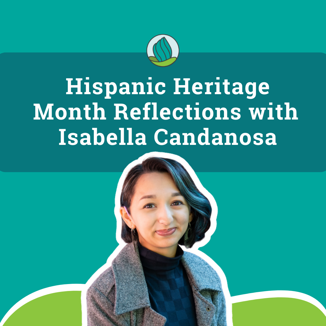 A black short haired person in black turtleneck shirt and gray jacket smiling. The text, "Hispanic Heritage Month Reflections with Isabella Candanosa" is also shown.
