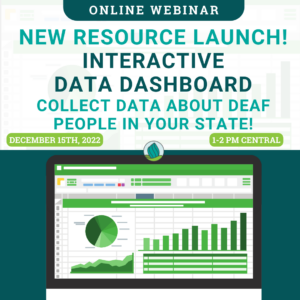 Text: Online Webinar new Resource Launch! Interactive Data Dashboard Collect Data About Deaf People In Your State! December 15, 1- 2 PM Central. Graphic: Computer with graphs/charts.