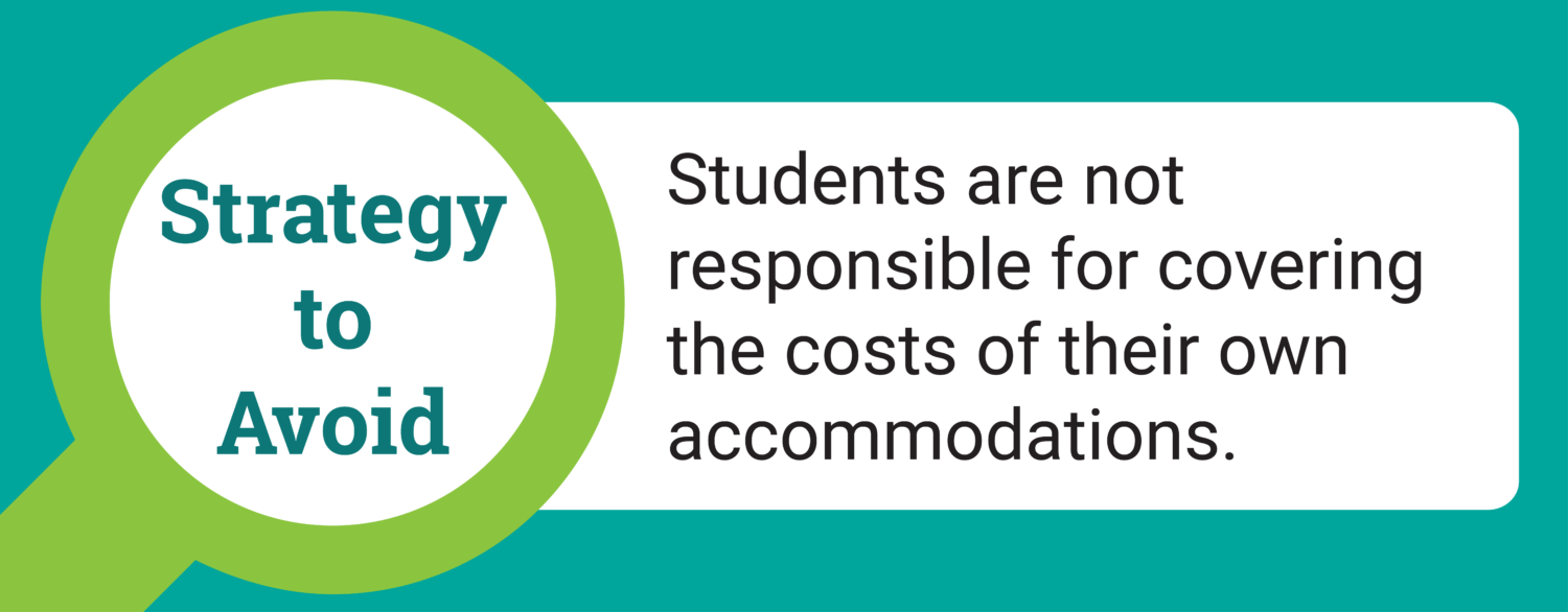 Text: Strategy to Avoid. Students are not responsible for covering the costs of their own accommodations, with teal border and lime green magnifying glass.