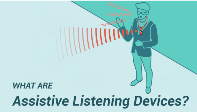 Duotone Teal background. Bottom text: "What are Assistive Listening Devices?". Top Right corner: Person with ALD stands with red frequency waves emitting from the device.