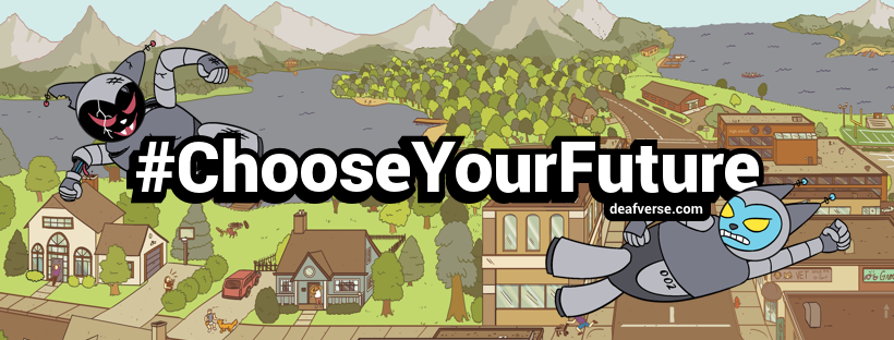 The image is a illustration image of the game DeafVerse with the text "Choose Your Future" with the website "deafverse.com"
