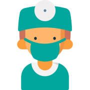 An icon of a doctor wearing a face mask, scrubs and a head lamp.