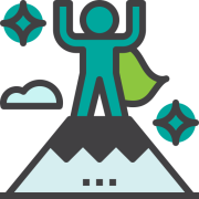 An icon of a humanoid figure wearing a cape and posing on top of a mountain.