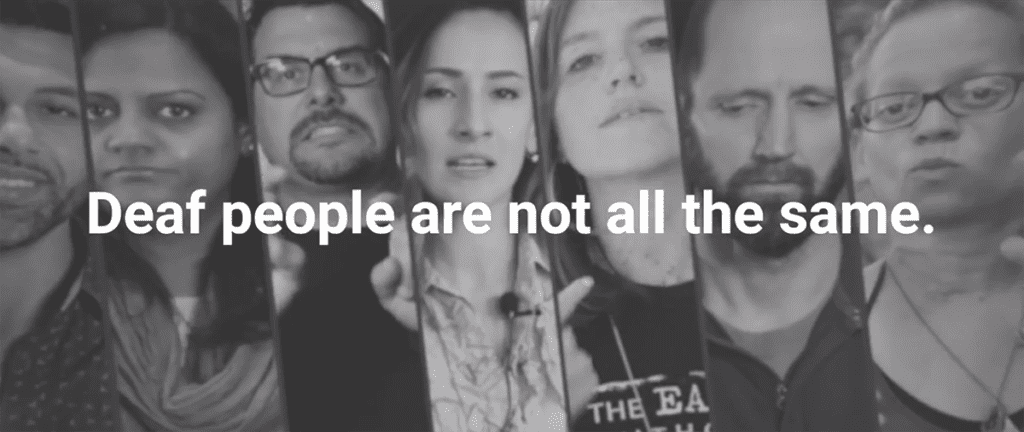This image has black and white images of seven people from different ethnicity and nationality. On the image, there is the text " Deaf people are not all the same.