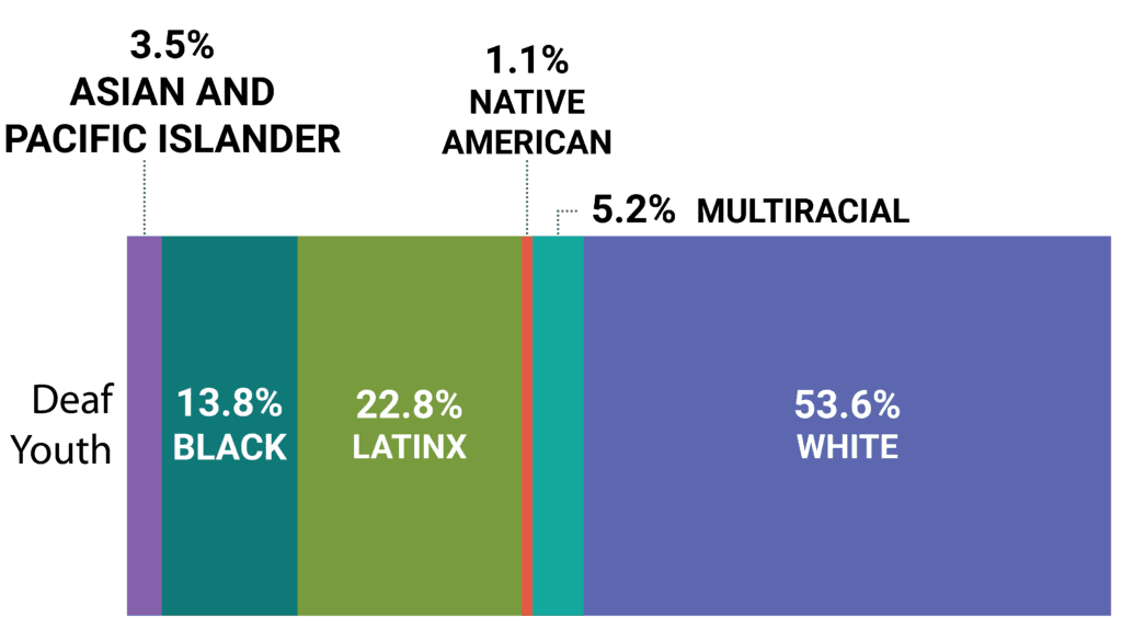 A bar chart depicting demographic percentages, with categories such as "Asian and Pacific Islander," "Native American," "Multiracial," "Deaf," "Black," "Latinx," and "White." The percentages associated with each category are also listed.
