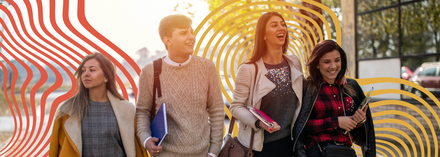 The image shows a group of people standing in front of a building with colorful illustrative lines running behind them. They are smiling and appear to be outdoors.