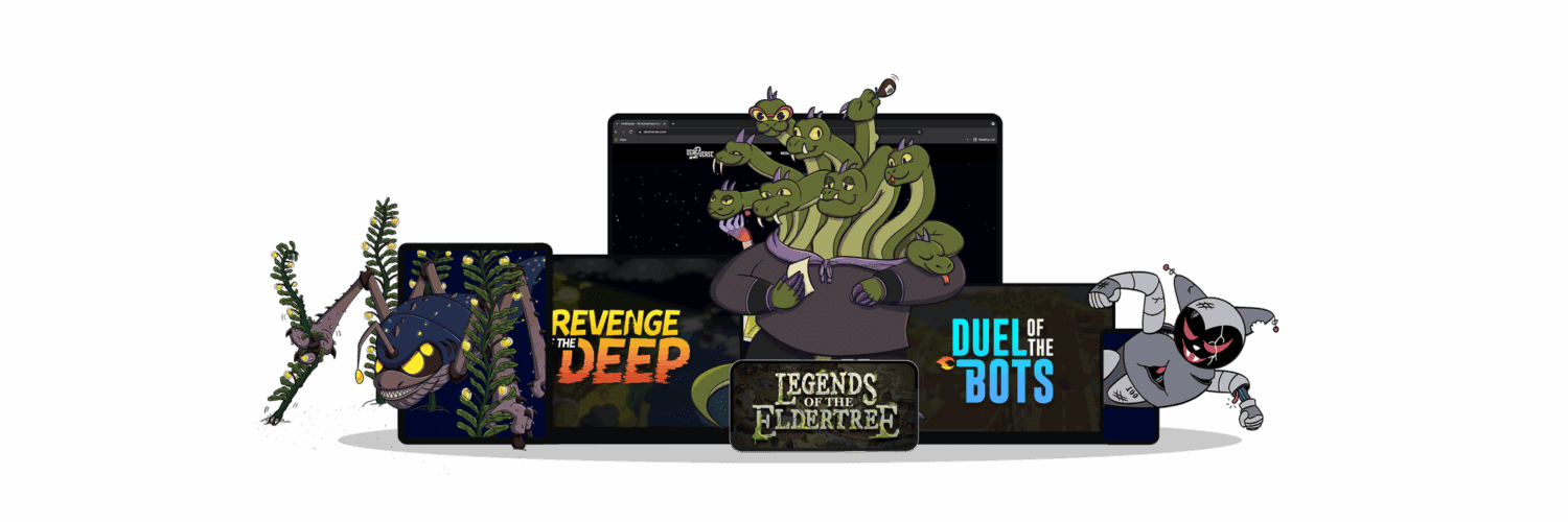 A dynamic collage showcasing the Deafverse game universe and its villains. At the center is a laptop screen displaying the Deafverse website, with a starry space background. Popping out from the screen is a large, animated villain with multiple green snake-like heads and arms—each head has a unique expression, adding to the chaos and energy of the scene. Surrounding the laptop are three featured game titles: On the left, a robotic deep-sea creature emerges from underwater plants next to the title "Revenge of the Deep" in bold yellow and orange letters. In the center bottom, a mobile phone displays the fantasy-style title "Legends of the Eldertree" over a textured forest map background. On the right, a glitchy, angry robot leaps forward beside the title "Duel of the Bots" in vibrant blue and white text. Each villain and game title visually pops against the solid black background, giving the impression of action, story-driven gameplay, and high-stakes adventure.
