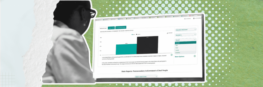 The image shows a composite design with two main sections. On the left, a grayscale side view of a person wearing glasses and looking towards a computer screen, mostly obscured by a textured white overlay. This side is relatively blurred, focusing attention on the right side of the image. The right section features a clear, detailed view of a computer screen displaying a statistical bar chart. The chart is composed of two vertical bars—one teal and the other black—indicating a comparison between two groups, labeled "Deaf" and "All." Numerical values "18" for "Deaf" and "31" for "All" are marked on the bars. The background is green with a dotted white pattern, adding a textured look. A small NDC icon is visible at the lower left corner.
