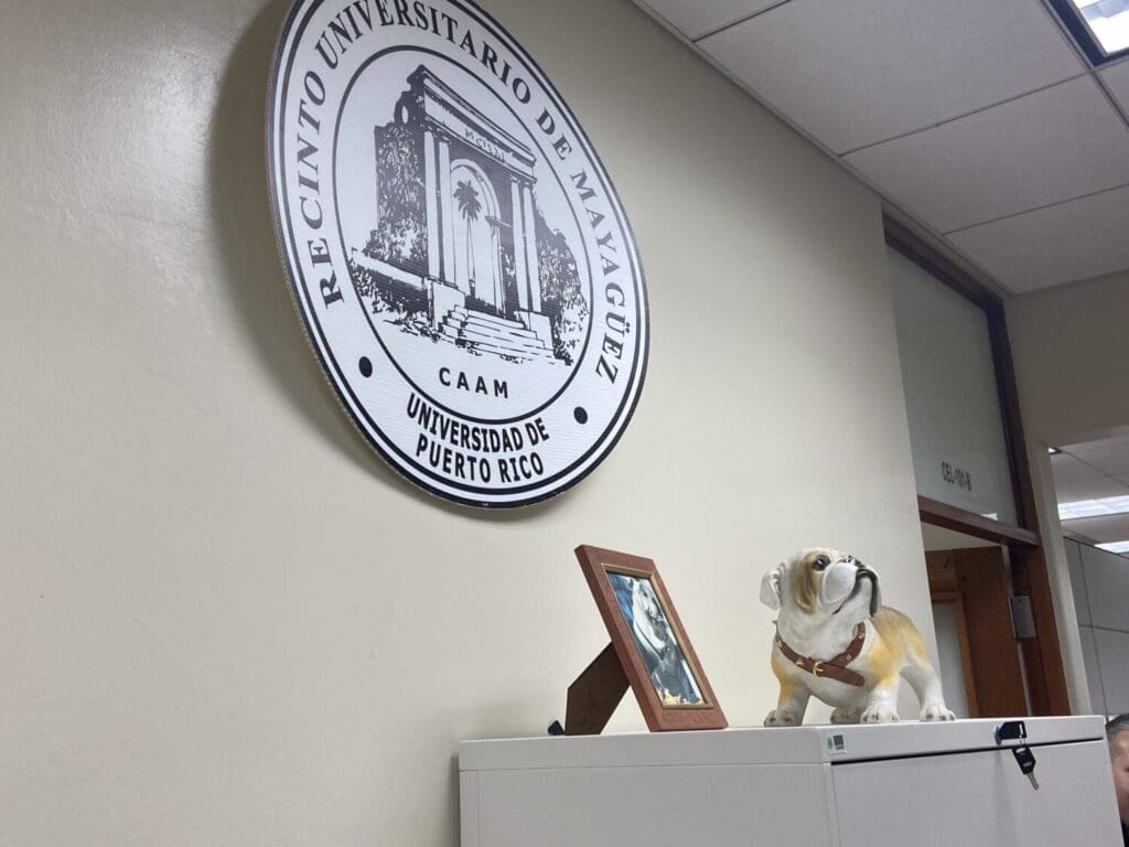 Seal of Recinto Universitario de Mayagüez and bulldog statue on cabinet.