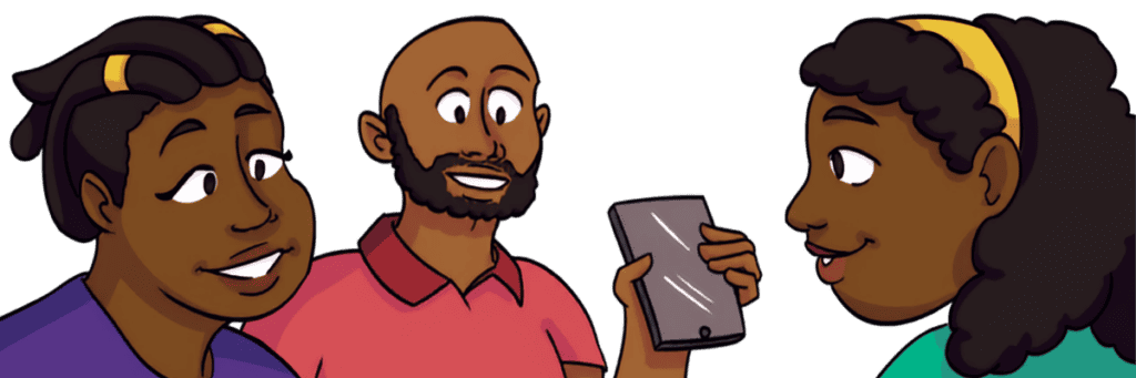 A cartoon illustration of two parents talking with their daughter, holding a phone and notebook, with a shared speech bubble above them showing icons of a texting phone, a notebook and pencil, and a mouth speaking, each followed by a question mark, representing different ways to communicate.