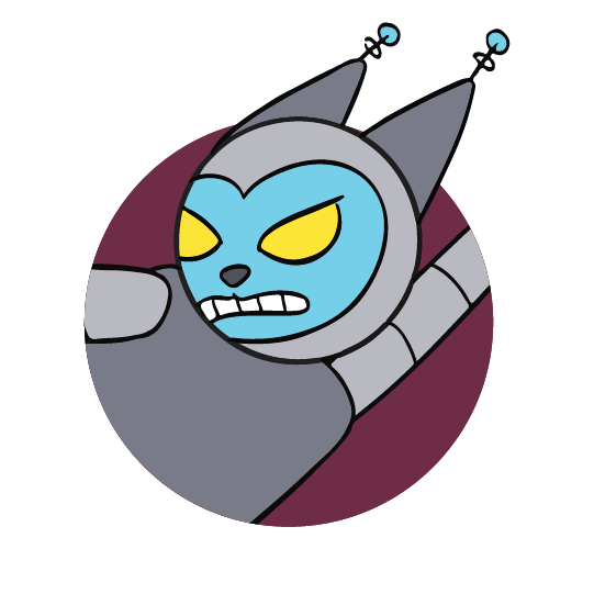 Cartoon robot with cat-like ears and antennas leaping forward.
