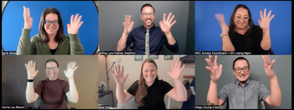 Six people smiling and raising hands in a virtual meeting grid layout.