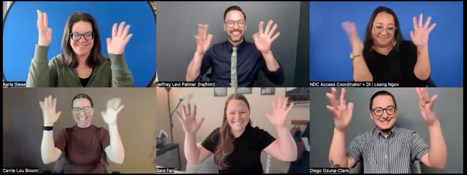 Six people smiling and raising hands in a virtual meeting grid layout.