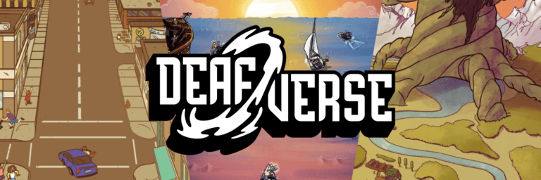 Illustrated Deafverse banner featuring scenes from all three Deafverse worlds. On the left is the city setting from World One: Duel of the Bots; in the center are ocean scenes with boats from World Two: Revenge of the Deep; and on the right is the mountainous fantasy landscape from World Three: Legends of the Eldertree. The black-and-white Deafverse logo is prominently centered over the three environments.